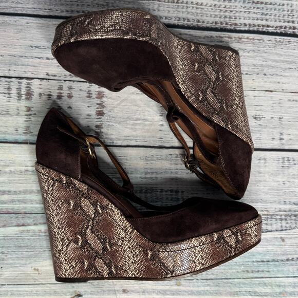 Donald J Pliner Wedge Heels Size 6 Brown Suede Snakeskin Platform Sandals Italy - Picture 1 of 4